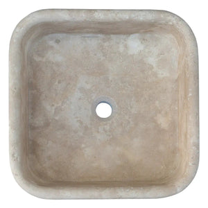 Troia Light Travertine pedestal sink by Villohome; honed and filled stone bathroom basin