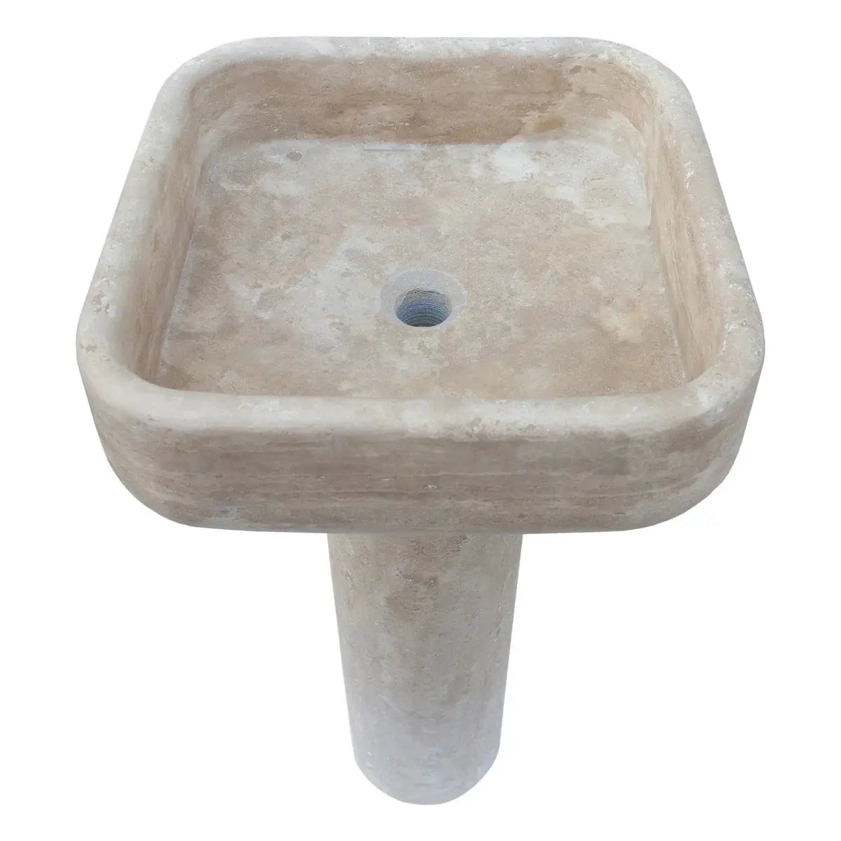 Troia Light travertine pedestal sink by Villohome, honed beige stone, 15x16x33.5 in