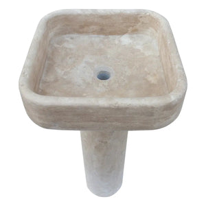 Troia Light travertine pedestal sink by Villohome, honed beige stone, 15x16x33.5 in