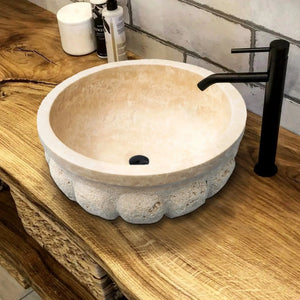 Troia Light Travertine pumpkin-shaped above-counter vessel sink for bathroom vanity