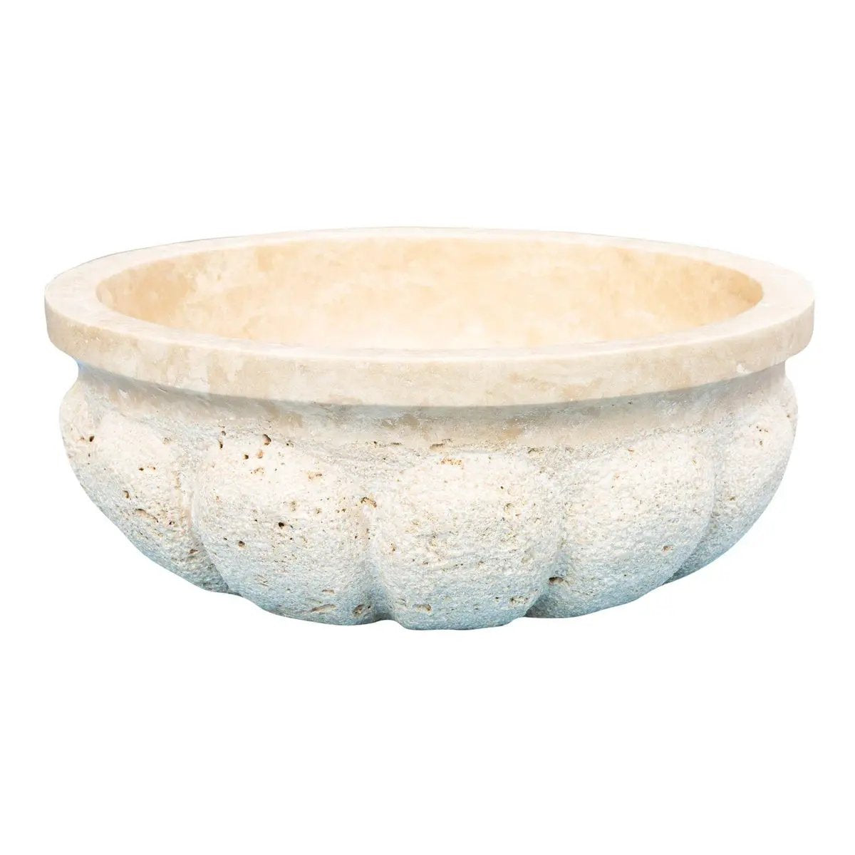 Troia Light Travertine pumpkin-shaped stone vanity vessel sink by Villohome