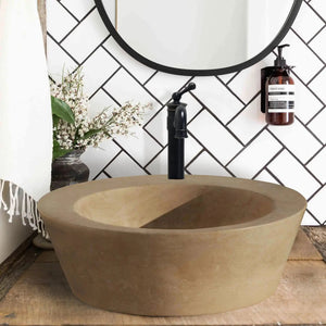Villohome Troia Light Travertine above-vanity bathroom vessel sink, round brown 16-inch diameter, natural stone