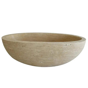 Bathtub Villohome Troia Light Travertine, beige round tub hand-carved from solid stone (70 in L x 32 in W x 20 in H)