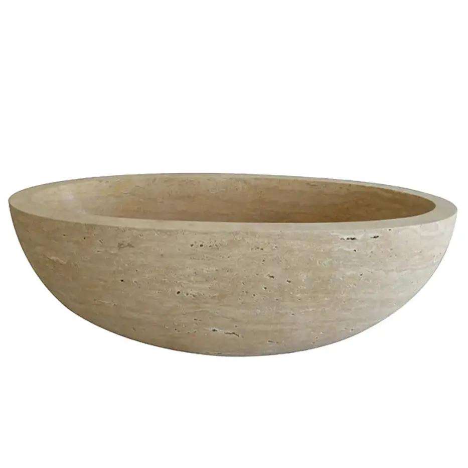 Bathtub Villohome Troia Light Travertine, beige round tub hand-carved from solid stone (70 in L x 32 in W x 20 in H)
