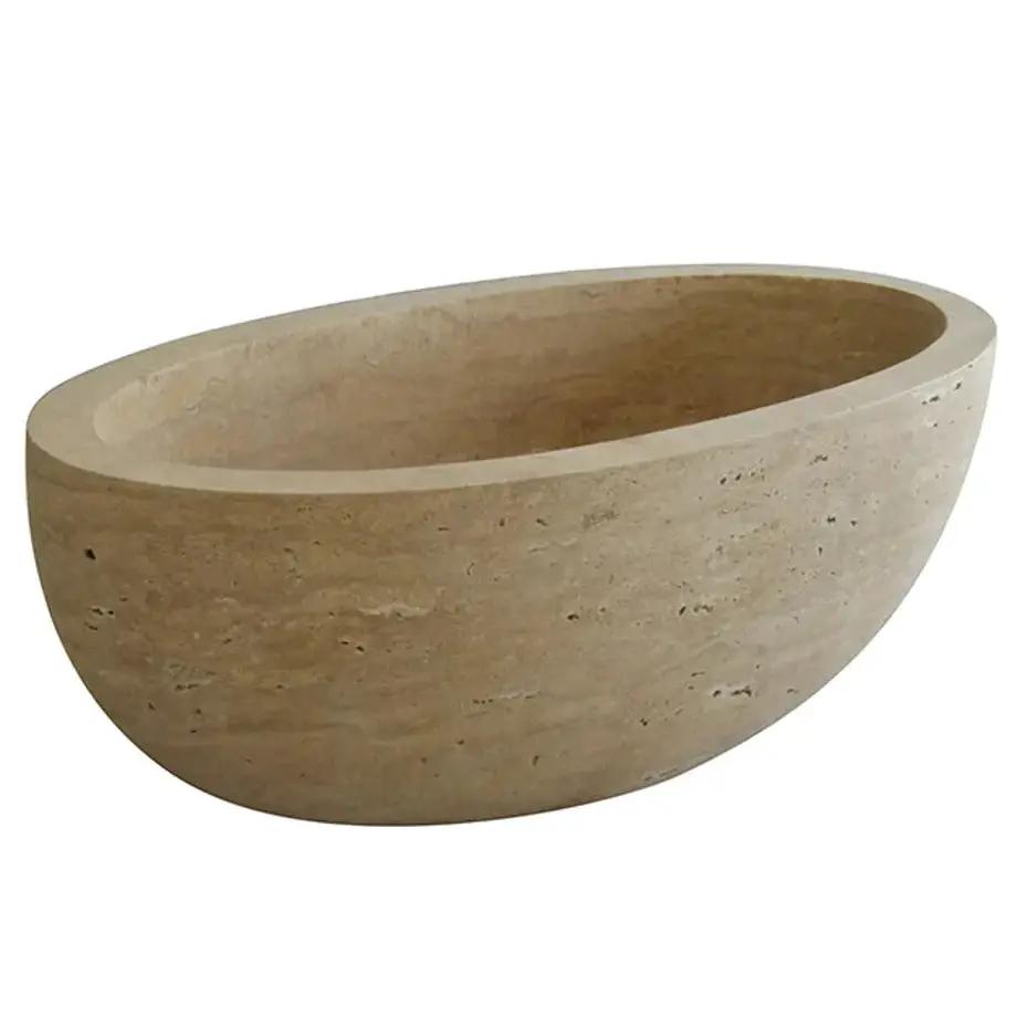 Troia Light Travertine bathtub, hand-carved solid marble block, beige oval freestanding tub