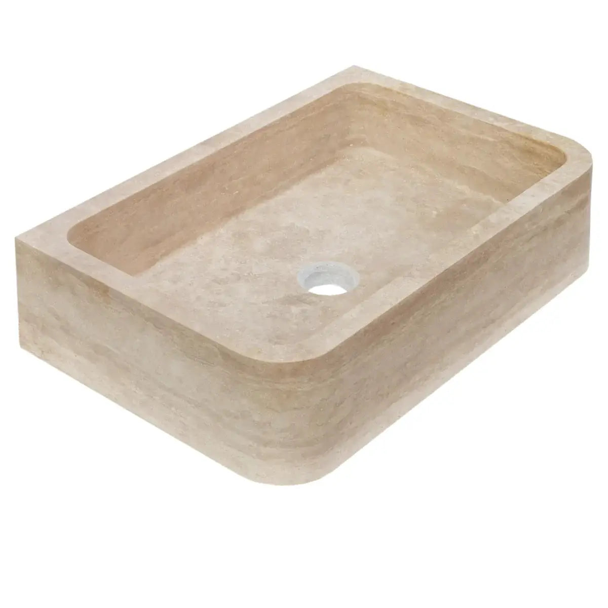 Troia Light Travertine rectangular farmhouse kitchen sink by Villohome; beige stone, 18x27.5 inches.
