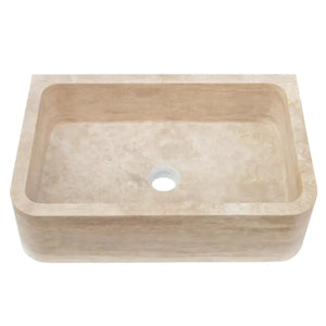 Troia Light Travertine rectangular farmhouse kitchen sink, beige stone, Villohome.