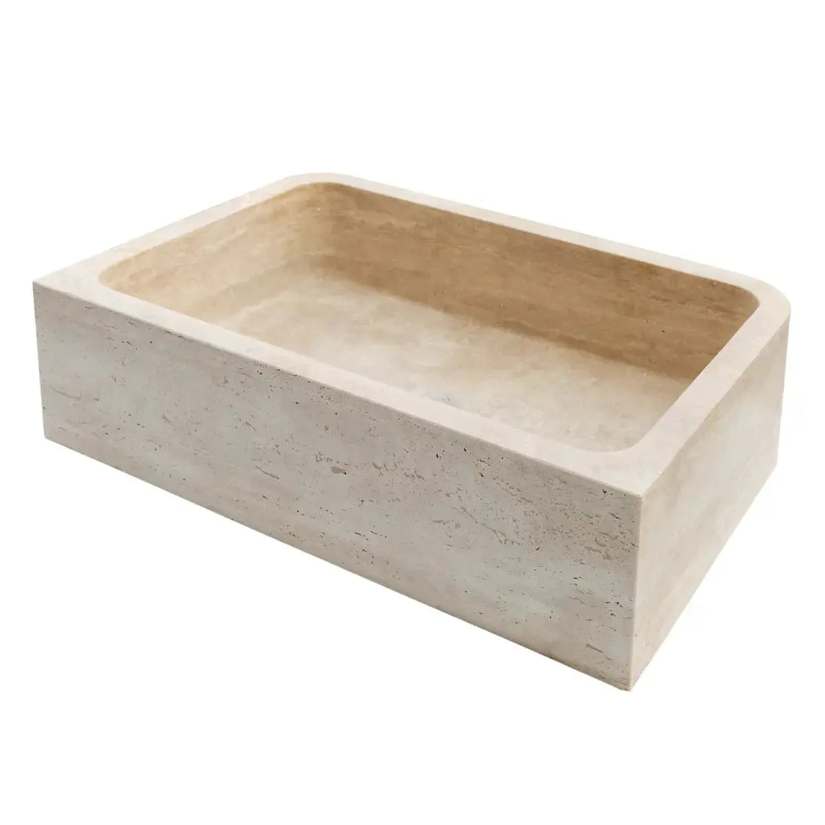 Villohome Troia Light Travertine rectangular farmhouse kitchen sink, beige stone, 18x27.5x7 in.