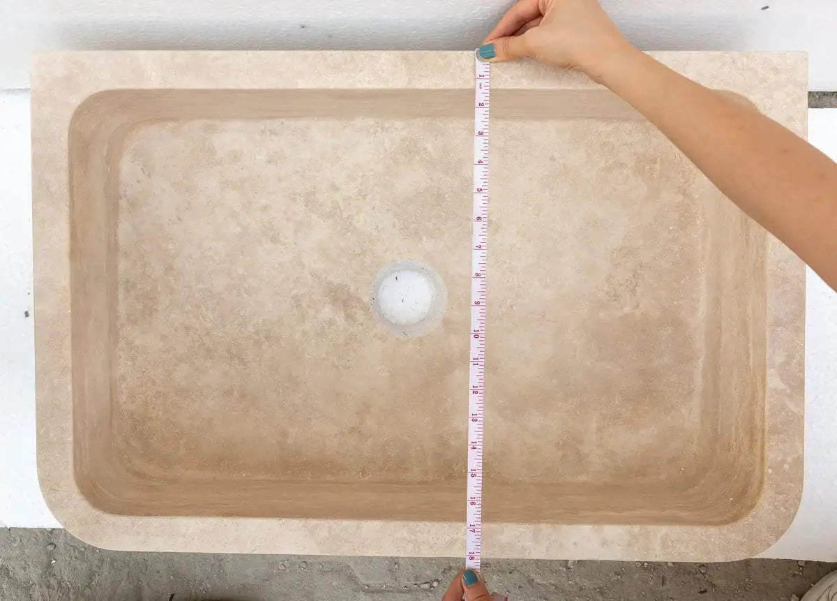 Troia Light Travertine rectangular farmhouse kitchen sink by Villohome, beige travertine, 18 in W x 27.5 in L x 7 in H