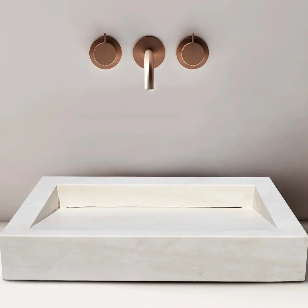 White limestone rectangular bathroom sink by Villohome with hidden drain for above-vanity use