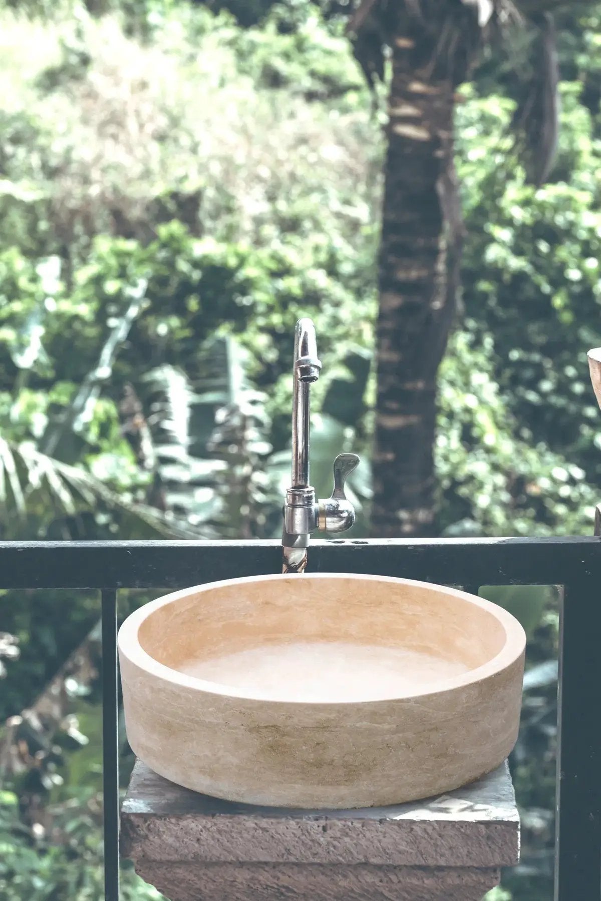 Villohome Troia Light Travertine cylinder above-vanity bathroom sink, honed finish, 16 in diameter x 6 in high