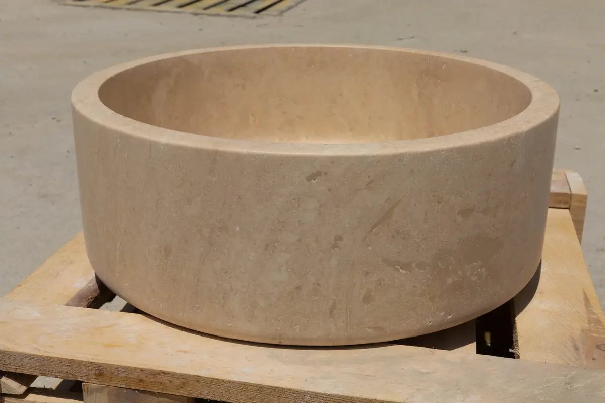 Troia Light Travertine round cylinder bathroom sink by Villohome, honed finish, 16 in diameter