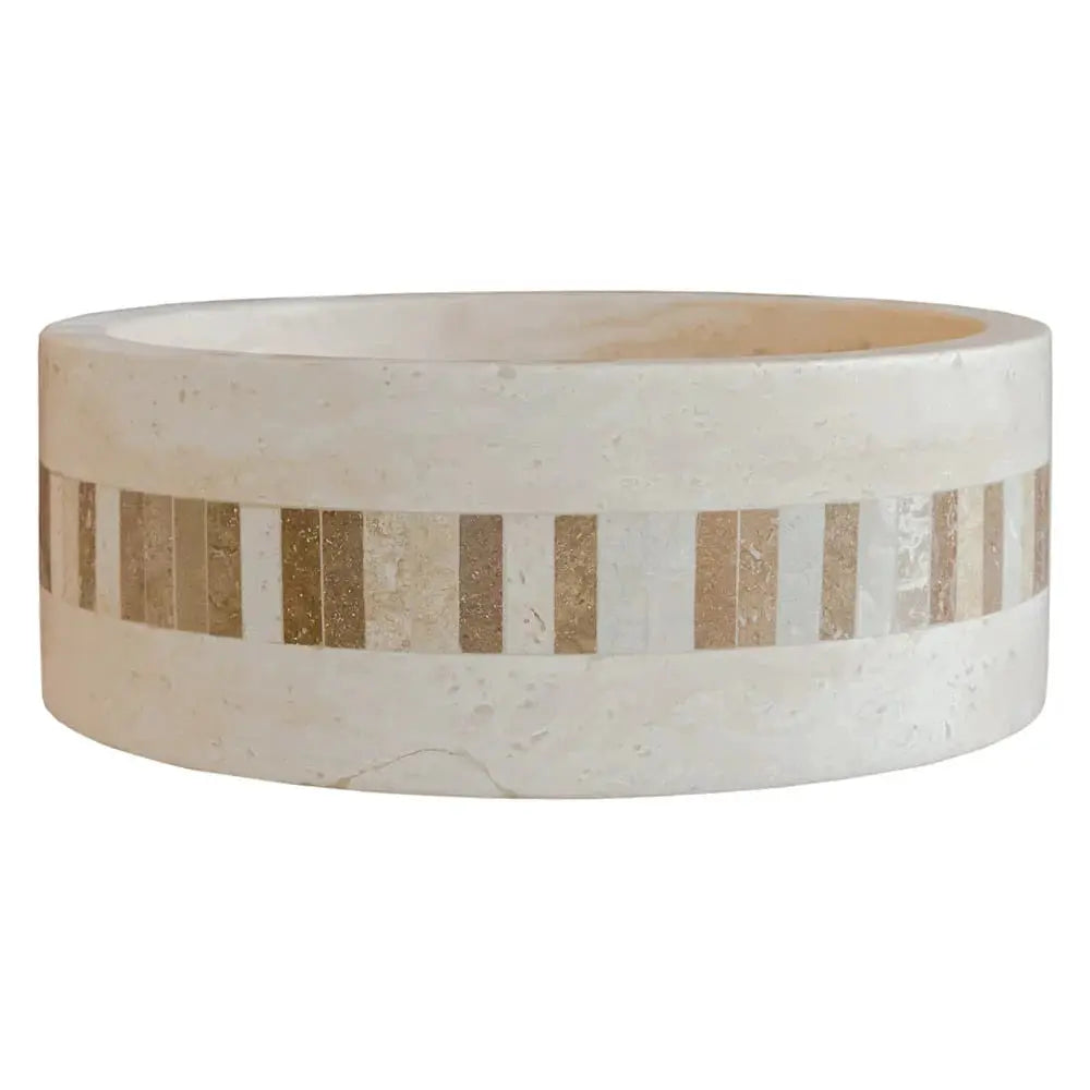 Stone sink Villohome Troia Light travertine cylinder bathroom vanity with 2-inch embedded mosaic border