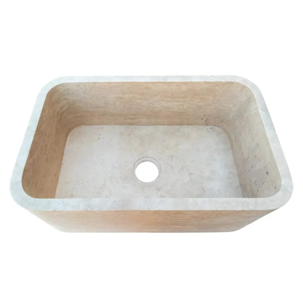 Villohome Troia Light Travertine rectangular farmhouse kitchen sink, honed stone, 18x30x10 in