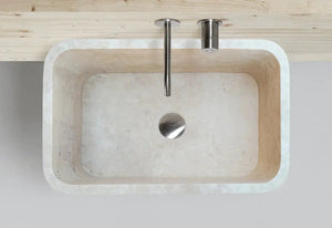 Troia Light Travertine rectangular farmhouse kitchen sink, honed beige stone, 30L x 18W x 10H by Villohome