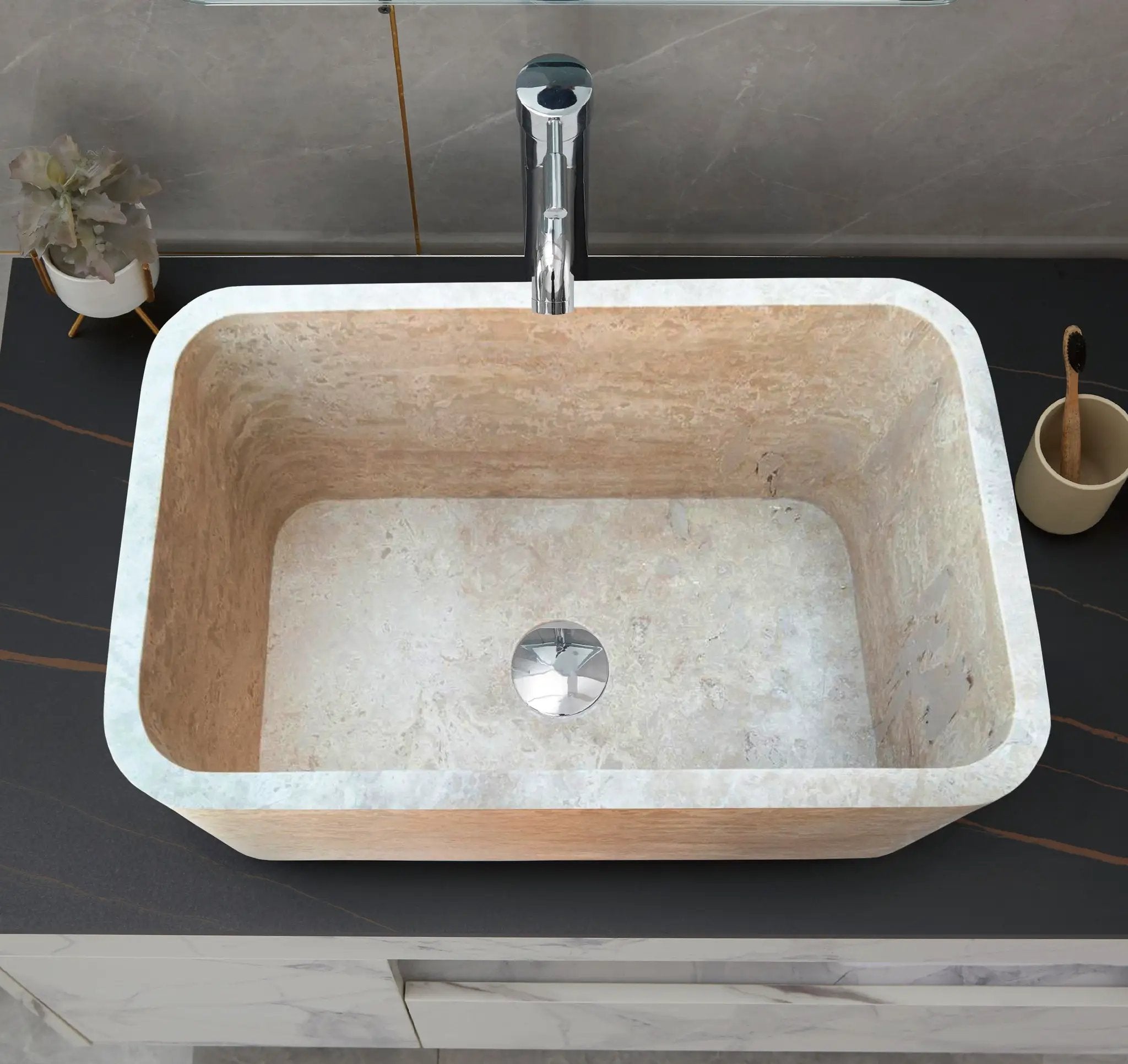 Villohome Troia light travertine rectangular farmhouse kitchen sink, honed finish, beige-brown interior, chrome faucet.