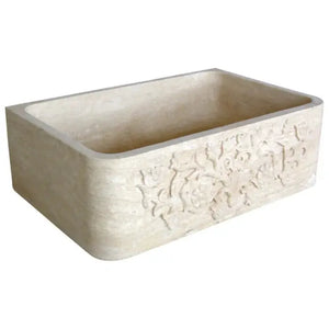 Villohome Troia Light Travertine apron-front sink with hand-carved vine design, 18x30x10 in.