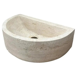 Troia Light Travertine half-round wall-mount bathroom sink, light stone basin, 16L x 10W x 6H in