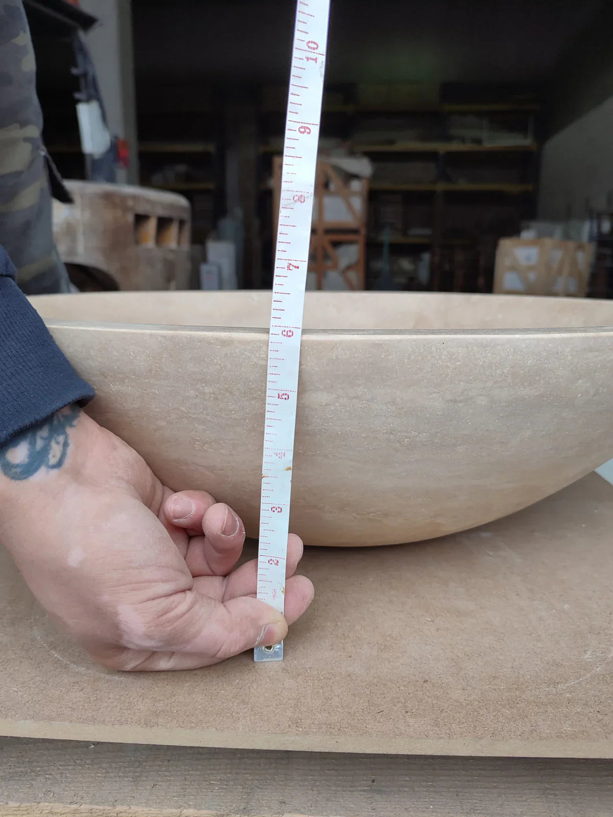 Villohome Troia Light Travertine above vanity oval vessel sink, 16 in wide x 21 in long