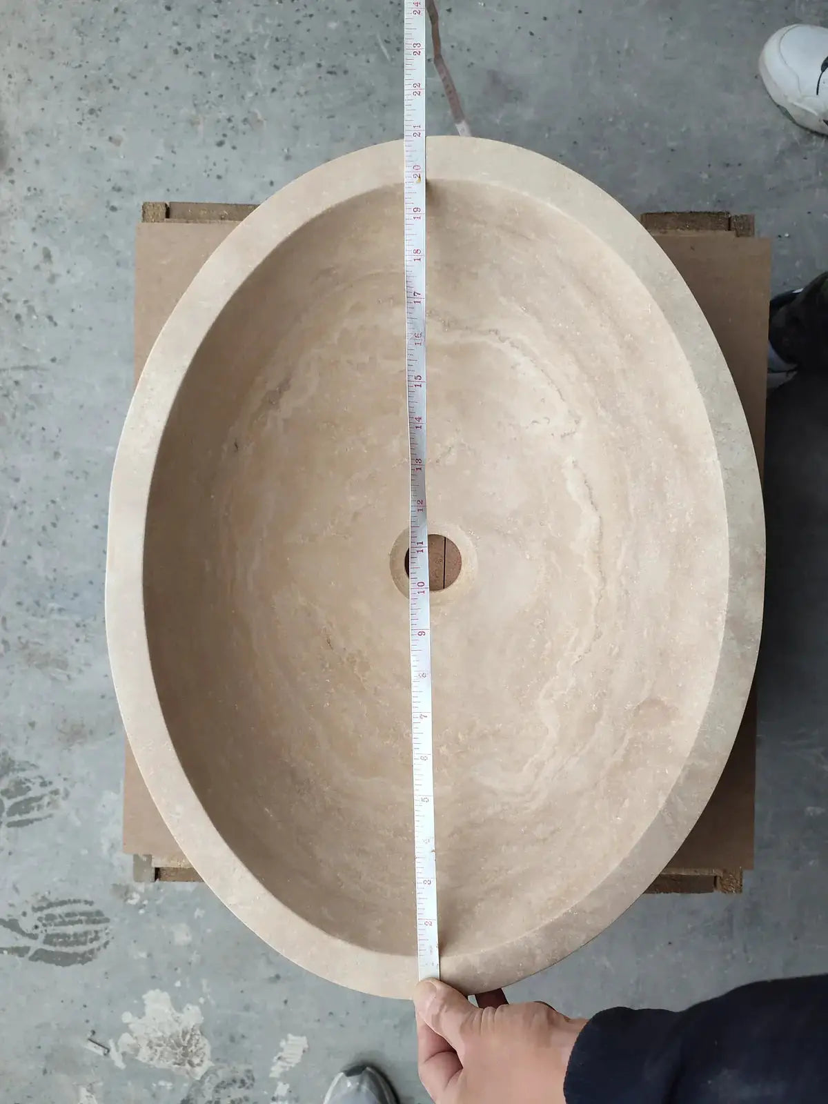Troia Light Travertine oval vanity bathroom sink by Villohome, beige travertine stone