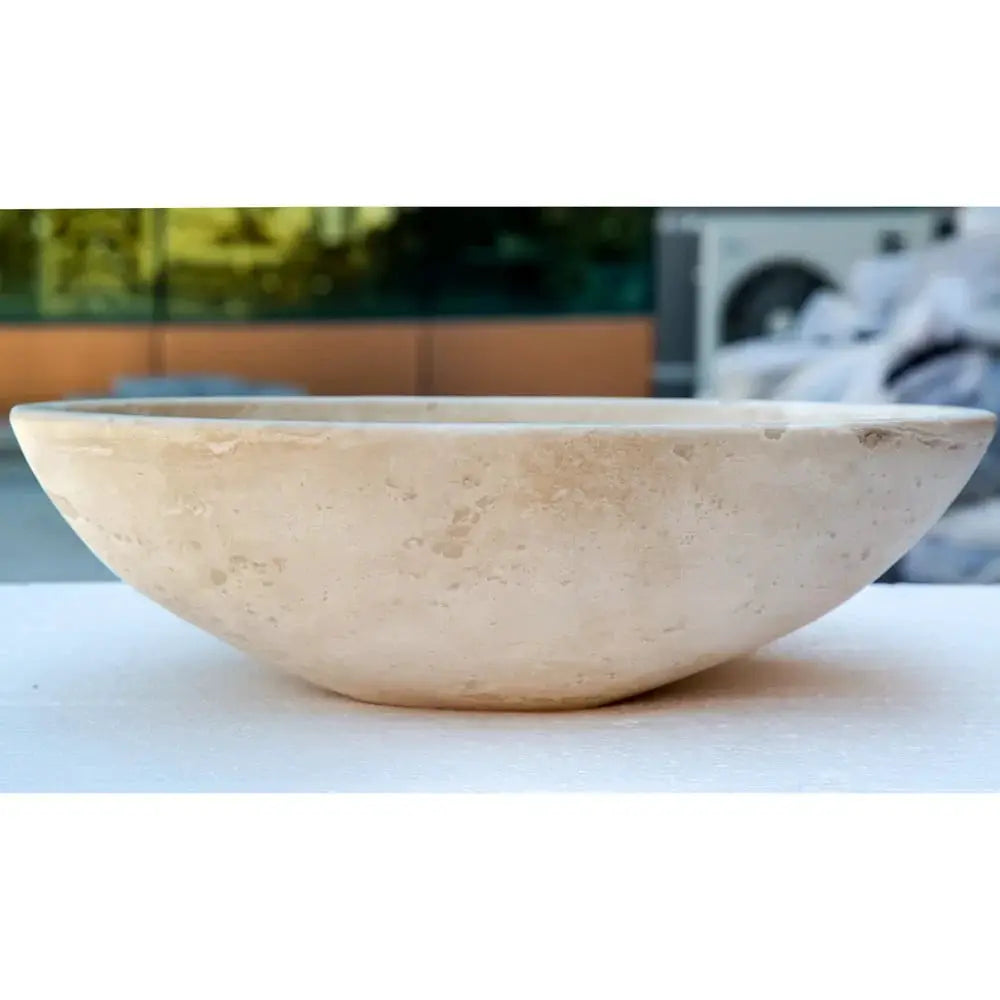 Troia Light Travertine above vanity oval vessel sink; light beige travertine stone, 16 x 21 in