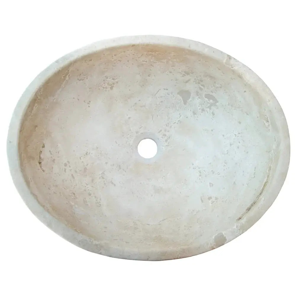 Troia Light Travertine oval vessel sink by Villohome, beige stone bathroom sink, 16x21 inches.
