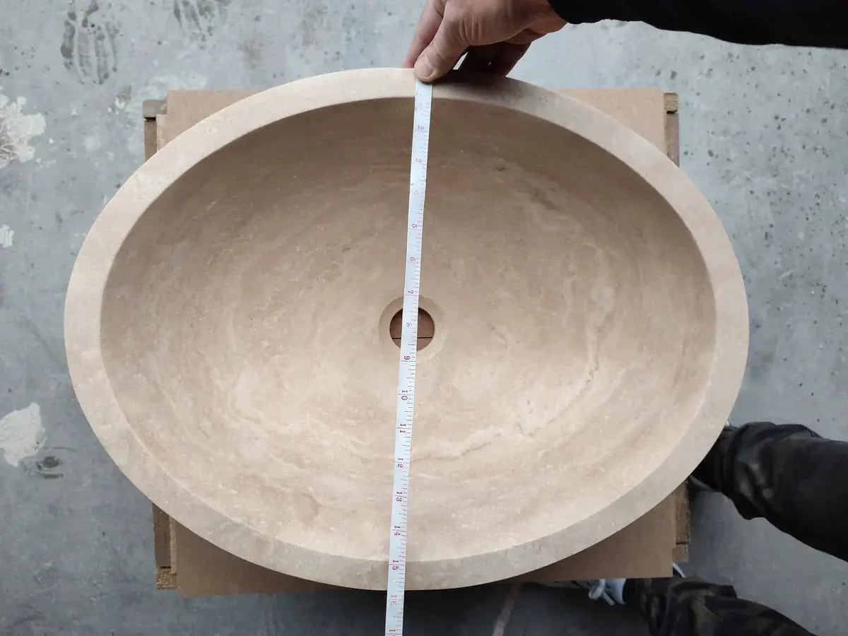 Troia Light Travertine oval vessel sink by Villohome for above-counter vanity, beige travertine, 16x21 inches