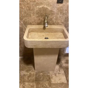 Troia Light travertine pedestal sink, stand-alone bathroom basin by Villohome, honed and filled.