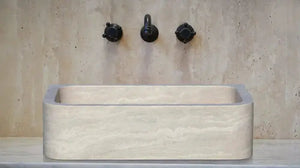 Troia Light Travertine rectangular farmhouse kitchen sink, beige stone, 18x27.5x7 in, Villohome