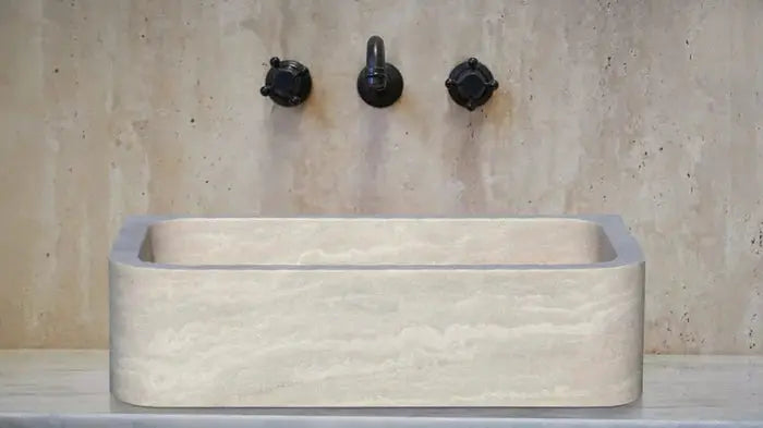 Troia Light Travertine rectangular farmhouse kitchen sink, beige stone, 18x27.5x7 in, Villohome