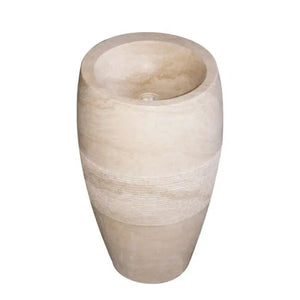 Troia Light travertine pedestal sink by Villohome; curved beige stone, stand-alone bathroom fixture