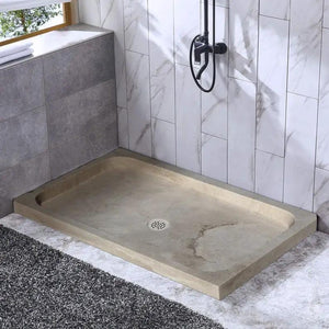 Troia Light Travertine rectangular shower base, hand-carved from solid block, beige with subtle veining