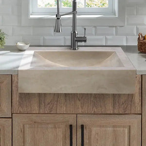 Troia Light Travertine Rectangular Kitchen Sink, honed beige travertine by Villohome, 18W x 21.4L x 4H