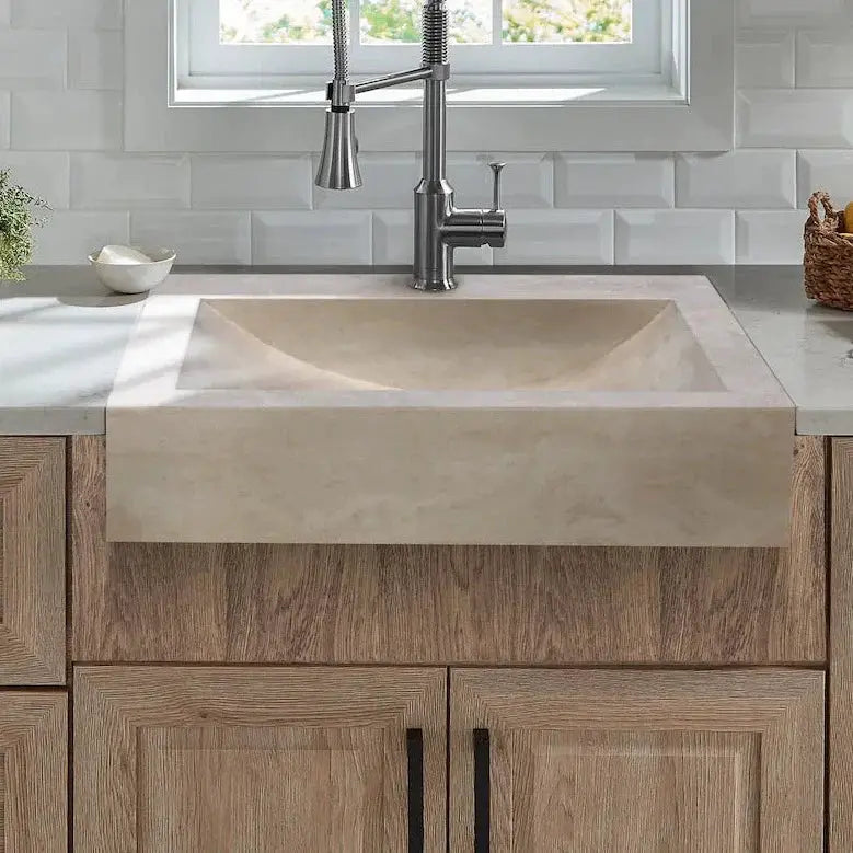 Troia Light Travertine Rectangular Kitchen Sink, honed beige travertine by Villohome, 18W x 21.4L x 4H
