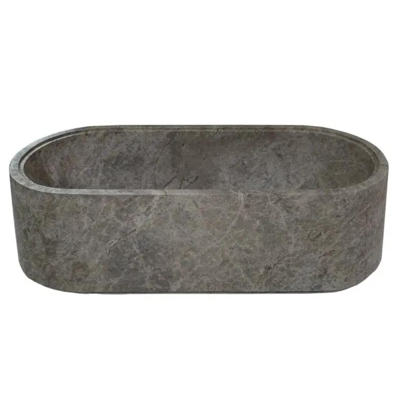 Tundra Gray Marble Bathtub by Villohome, hand-carved solid marble, oval freestanding tub 67 x 29.5 x 19.5 in
