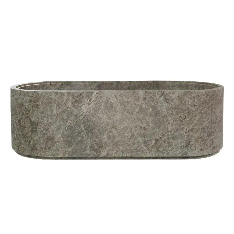 Villohome Tundra Gray Marble Bathtub, hand-carved solid marble block, gray oval freestanding tub.