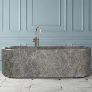 Villohome Tundra Gray Marble Bathtub, hand-carved solid marble block with gray veining.