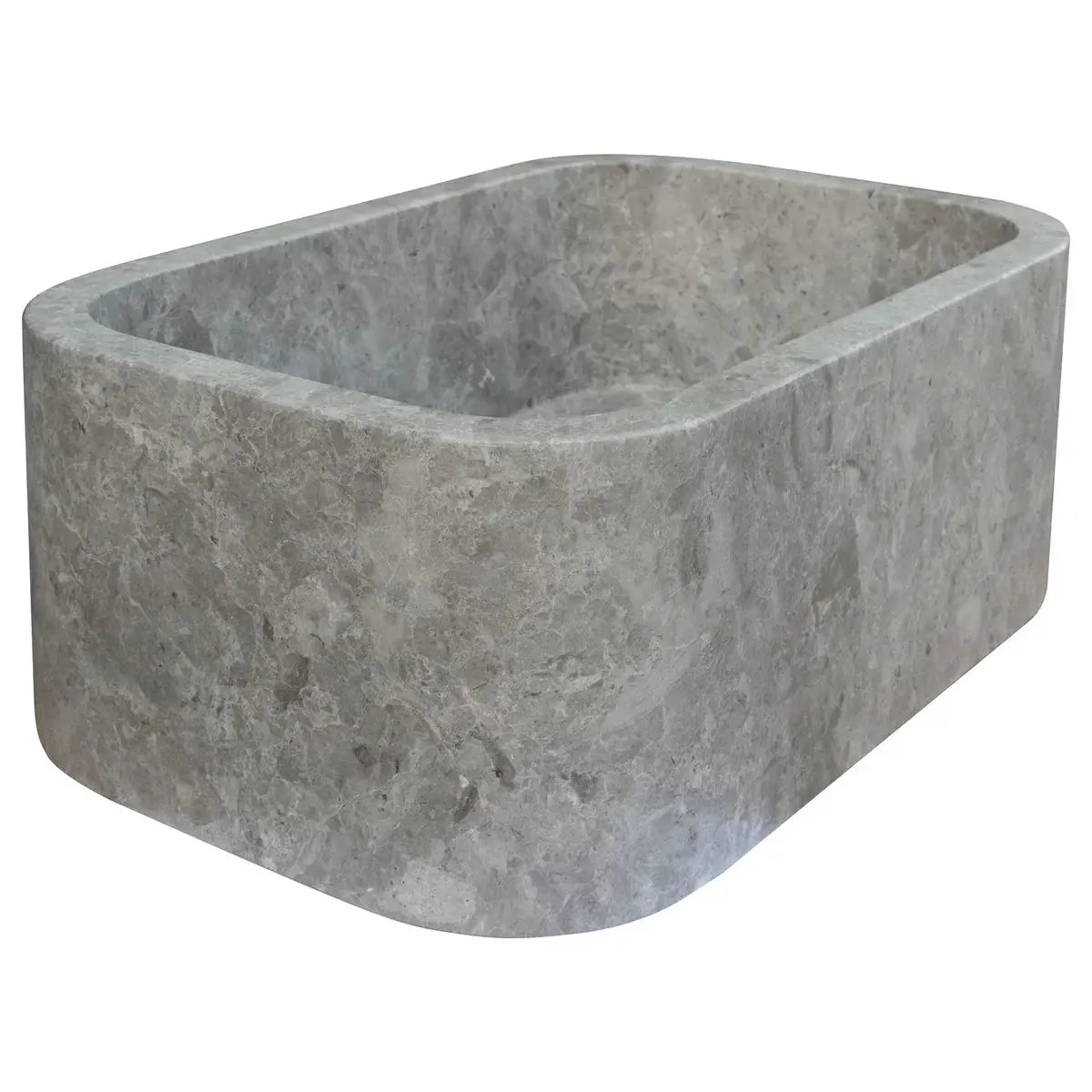 Gray marble rectangular wall-mount bathroom sink with rounded corners, single basin, 12W x 18L x 7H inches.