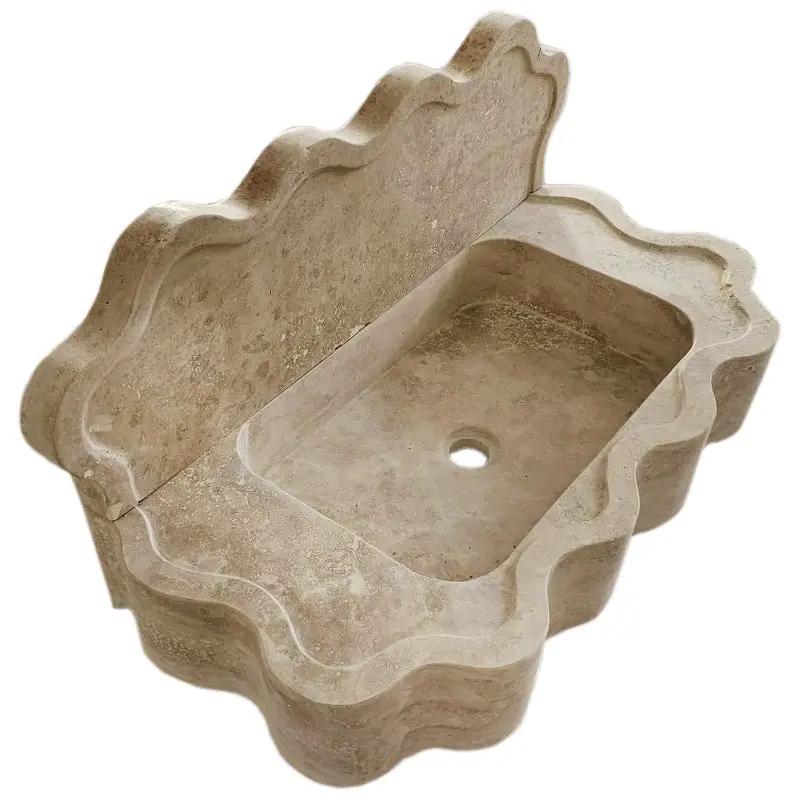 Villohome Tuscany beige travertine wall-mount bathroom sink with wavy edges and 5-inch backsplash.
