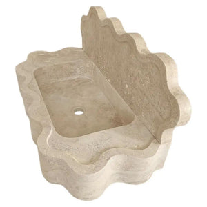 Tuscany beige travertine wall-mount bathroom sink with 5-inch backsplash and wavy edges