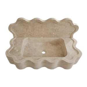 Villohome Tuscany Beige Travertine wall-mount bathroom sink with wavy edges and a 5-inch backsplash.
