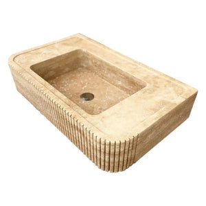 Tuscany Walnut Travertine stone sink, wall-mount bathroom vanity with ribbed textured front by Villohome