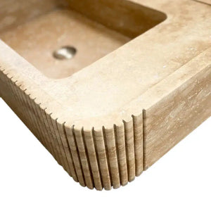 Tuscany Walnut Travertine wall-mount bathroom vanity sink with ribbed front; beige stone by Villohome