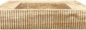 Tuscany Walnut Travertine wall-mount bathroom vanity sink with ribbed textured front in beige travertine by Villohome
