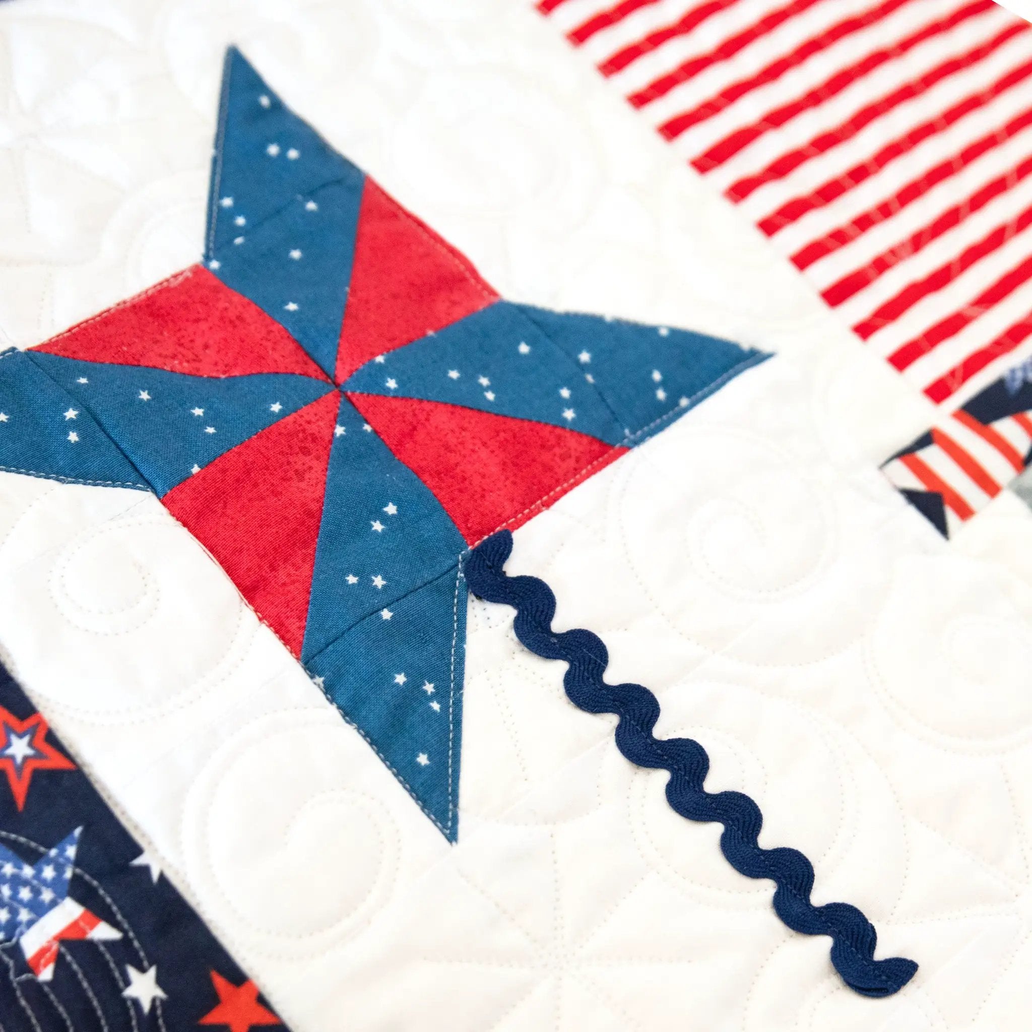 Patriotic Gnomes Quilted Table Runner Precut Quilt Kit with red, white, and blue star fabrics