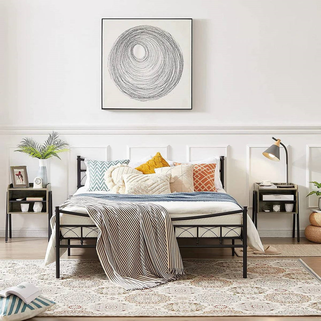 Set of 2 Modern Industrial Grey Wood Black Metal Side Table Nightstand End Table