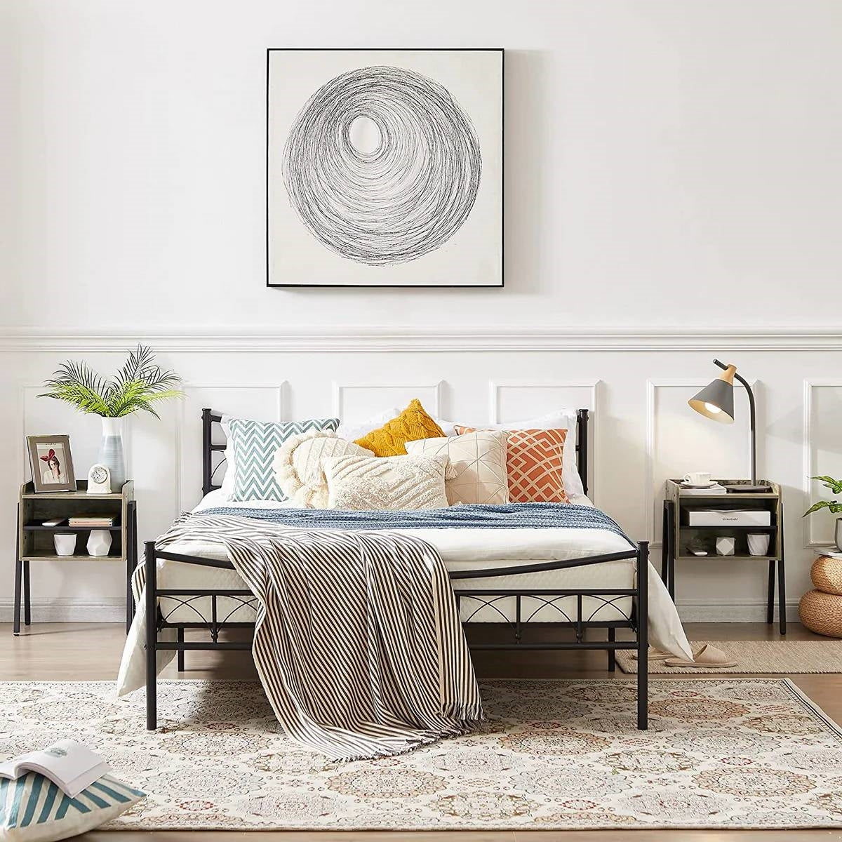 Set of 2 Modern Industrial Grey Wood Black Metal Side Table Nightstand End Table