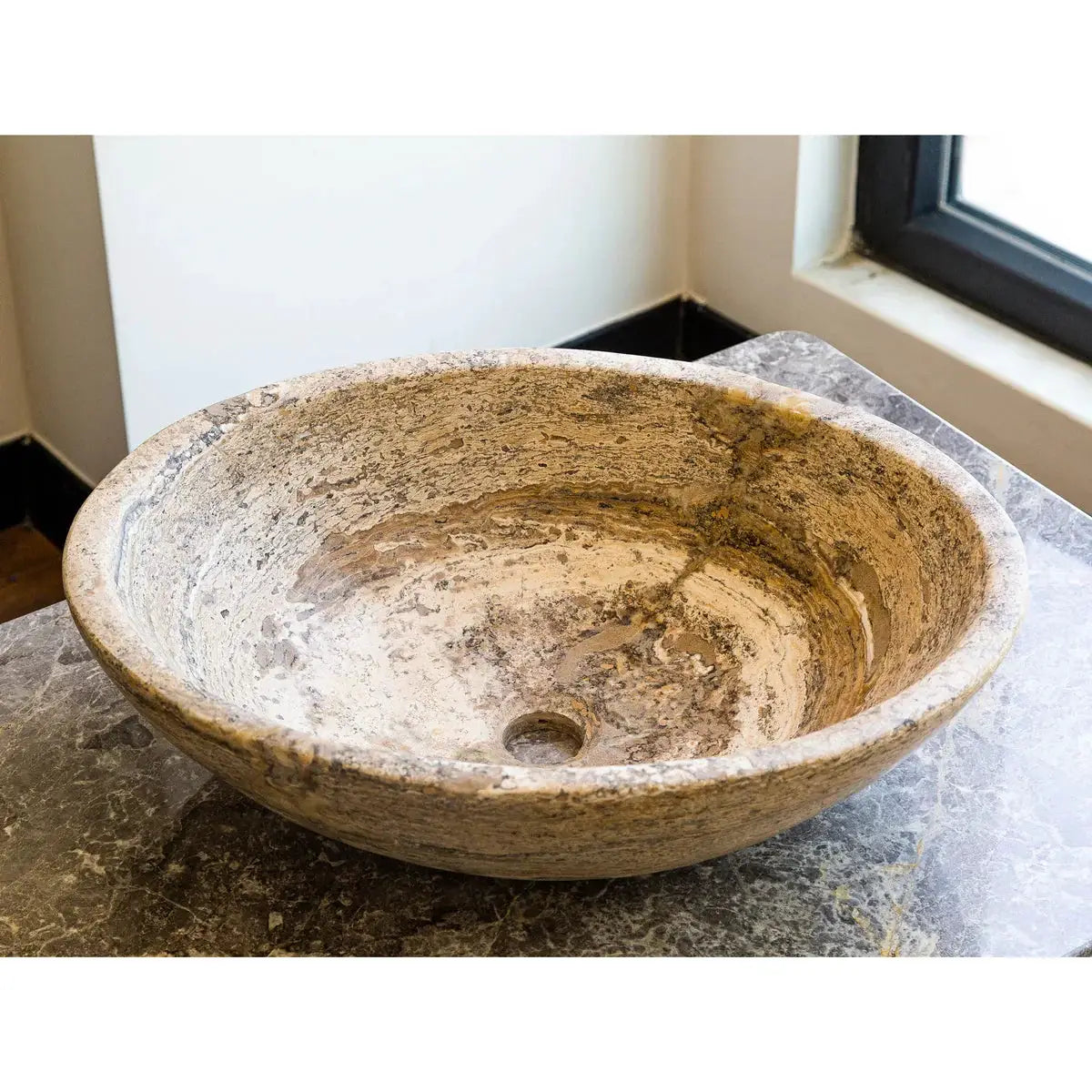 Valencia travertine oval vessel bathroom sink, above-counter beige natural stone, 16x21x6 in