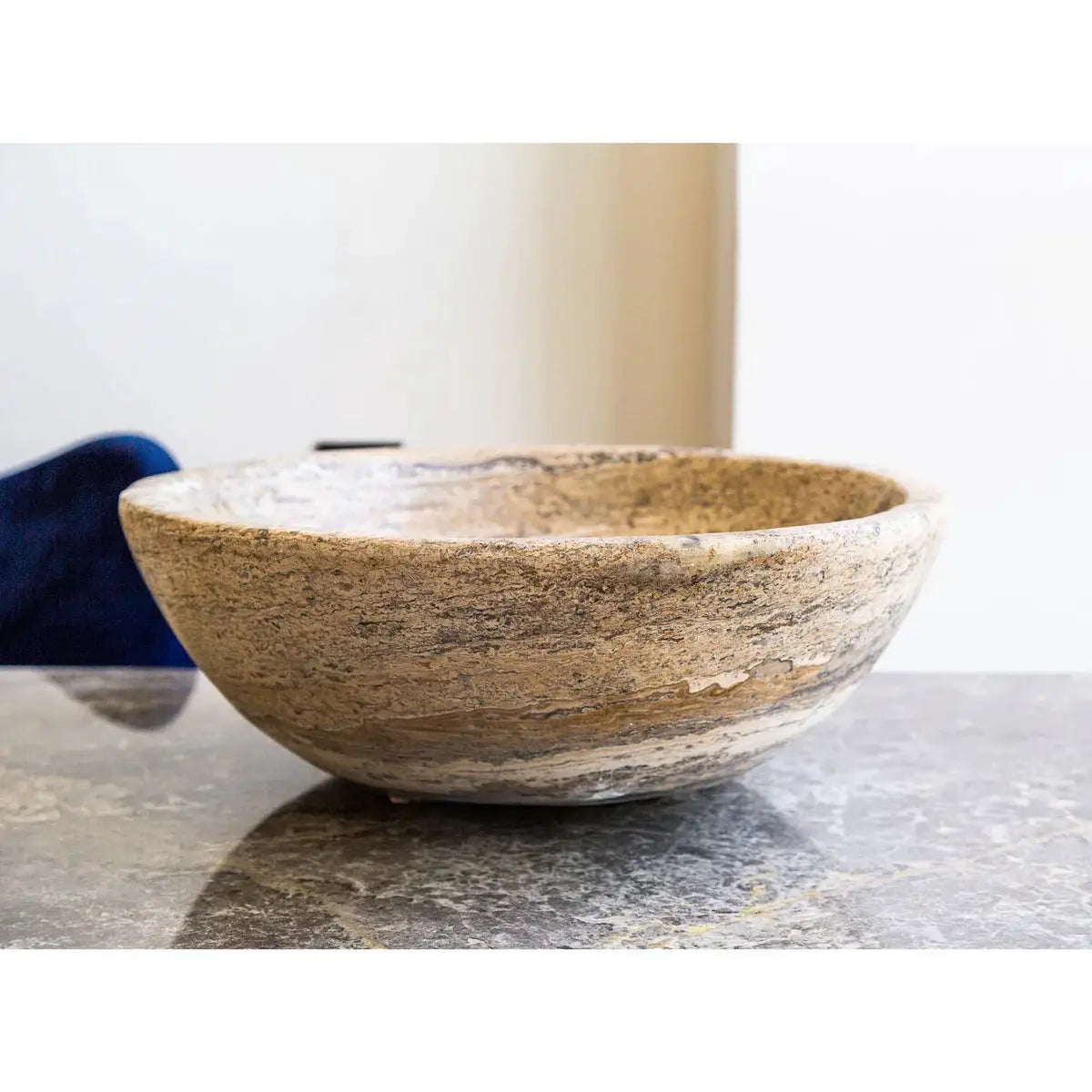 Valencia Travertine oval vessel sink by Villohome; beige natural stone for above-counter bathroom vanity