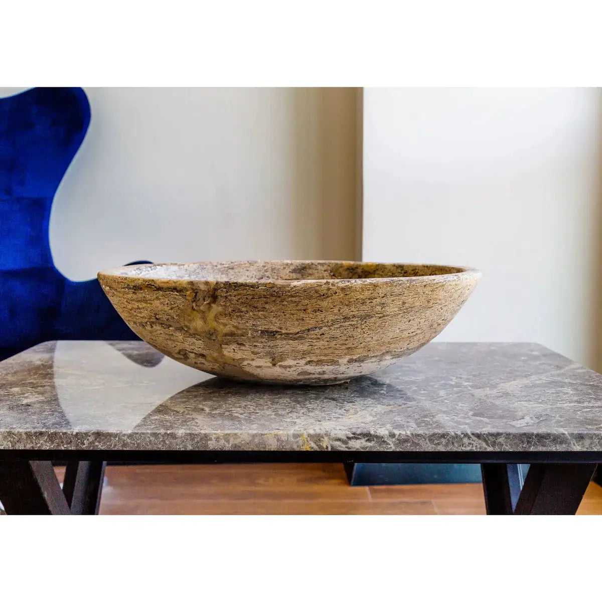 Valencia Travertine oval vessel sink by Villohome; above-vanity sink, 16W x 21L x 6H, beige-brown veining